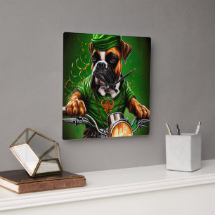 Horloge Carrée Chien Boxer Conduisant un Vélo St. Patrick's Day