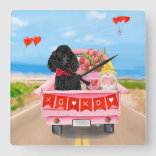 Horloge Carrée Chien Caniche Camion de la Saint-Valentin Cœurs