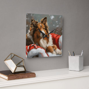 Horloge Carrée Chien Colley Rough Noël Fêtard