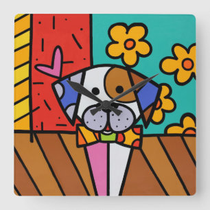 Horloge Carrée Chien Coloré, Pour N'Importe Quelle Salle Pour Enf