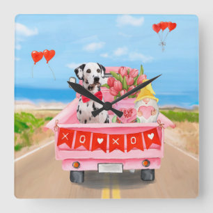 Horloge Carrée Chien dalmate Saint Valentin Coeurs de Camion
