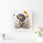 HORLOGE CARRÉE CHIEN DE DACHSHUND COURT NOIR & TAN (Maison)