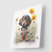 HORLOGE CARRÉE CHIEN DE DACHSHUND COURT NOIR & TAN (Angle)