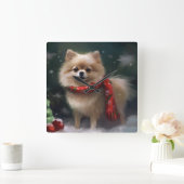 Horloge Carrée Chien de Poméranie en Noël de neige (Maison)