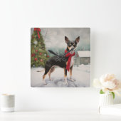 Horloge Carrée Chien de Rat Terrier à Noël de neige (Maison)