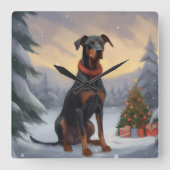 Horloge Carrée Chien Doberman pendant Noël de neige (Recto)