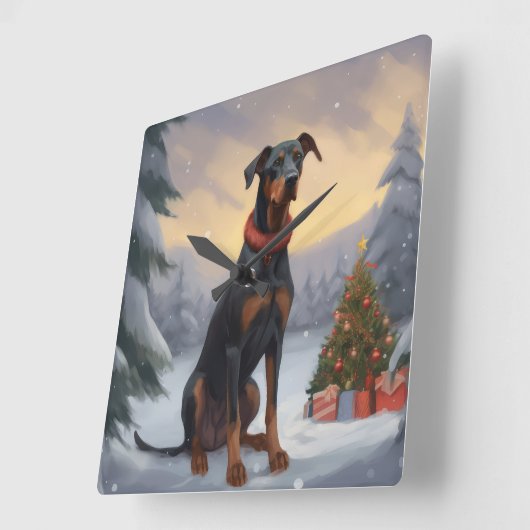 Horloge Carrée Chien Doberman pendant Noël de neige (Angle)