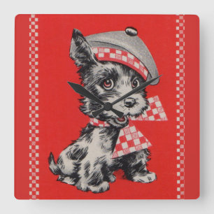Horloge Carrée Chien écossais des années 1950 en rouge