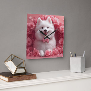 Horloge Carrée Chien Esquimau Américain avec des Roses - Saint-Va