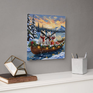Horloge Carrée Chien Esquimau Américain Blanc Noël Bateau Fêtes