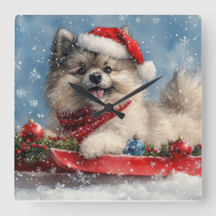 Horloge Carrée Chien Keeshond en Luge Laissez Tomber la Neige Noë