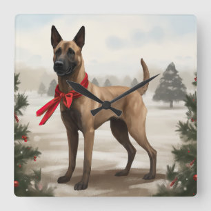Horloge Carrée Chien Malinois Belge dans la neige de Noël