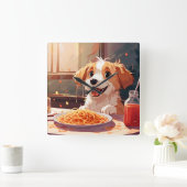 Horloge Carrée Chien mangeant spaghetti (Maison)