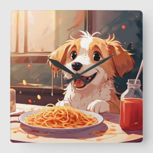 Horloge Carrée Chien mangeant spaghetti