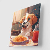 Horloge Carrée Chien mangeant spaghetti (Angle)