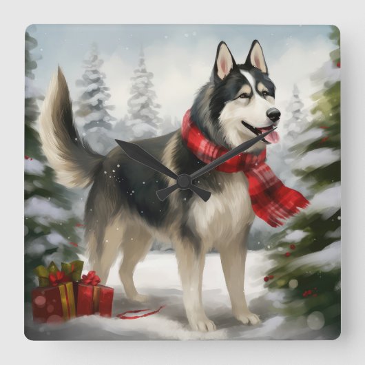 Horloge Carrée Chien sibérien Husky à Noël de neige (Recto)