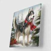 Horloge Carrée Chien sibérien Husky à Noël de neige (Angle)
