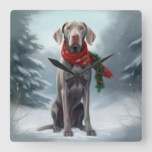 Horloge Carrée Chien Weimaraner à Noël de neige (Recto)
