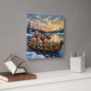 Horloge Carrée Chiens Afghans Noël Bateau Fêtes