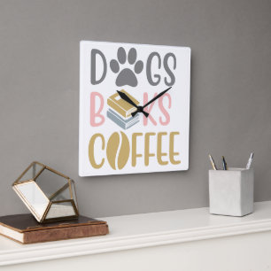 Horloge Carrée Chiens Livres Café