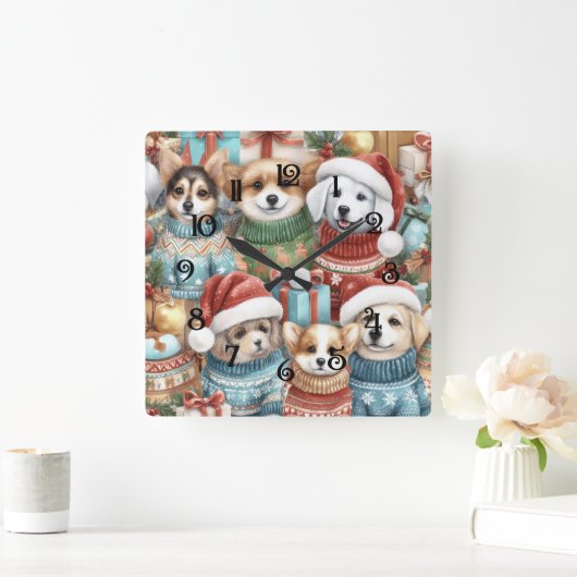 Horloge Carrée Chiens mûrs d'aquarelle dans les pulls (Maison)