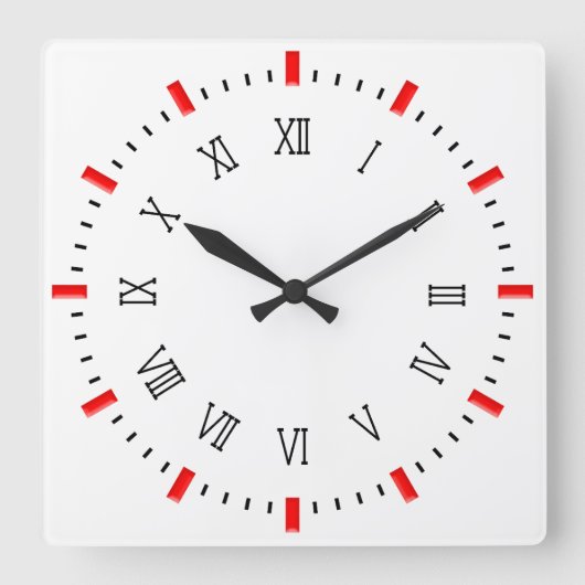 Horloge Carrée Chiffre romain classique avec rectangles rouges (Recto)