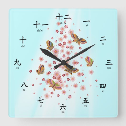 Horloge Carrée Chiffres de papillon chinois Phonétique Pinyin (Recto)