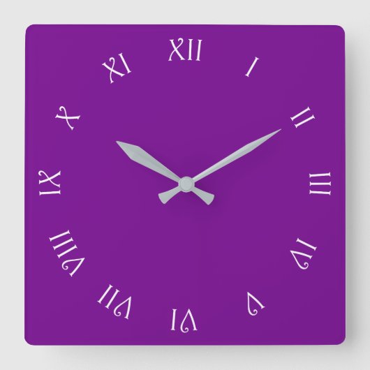 Horloge Carrée Chiffres romains de script blanc sur wccn violet (Recto)