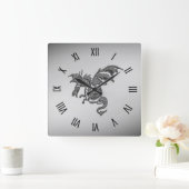 Horloge Carrée Chiffres romains du dragon d'argent (Maison)
