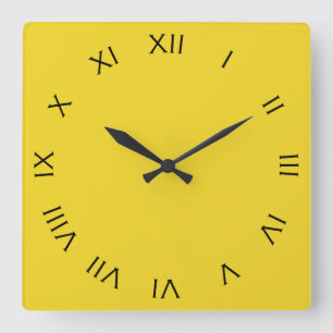 Horloge Carrée Chiffres romains noirs sur wccn jaune