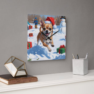 Horloge Carrée Chihuahua courant dans la neige avec un chapeau de