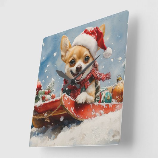 Horloge Carrée Chihuahua Dog in Sledge Let it neiger Noël (Angle)