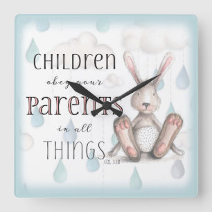 Horloge Carrée Children Obey Your Parents-Col 3:20 Blue
