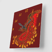 Horloge Carrée Chine Dragon rouge et or (Angle)