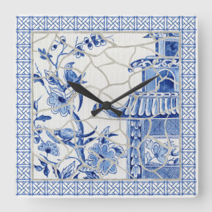 Horloge Carrée Chinoiserie Bleue et Blanc Chic Bird Floral Mosaic