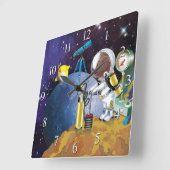 Horloge Carrée Chiot dans l'espace un alien avec un télescope (Angle)
