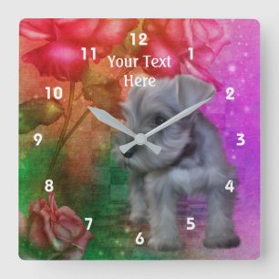 Horloge Carrée Chiot Et Fleurs Schnauzer Miniature