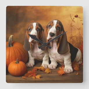 Horloge Carrée Chiots Basset Hound Délice d'Automne Citrouille