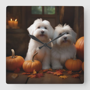 Horloge Carrée Chiots Coton De Tulear Délice d'Automne Citrouille