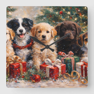 Horloge Carrée Chiots de Noël avec des cadeaux sous l'arbre décor