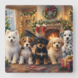 Horloge Carrée Chiots de Noël près de la cheminée et de l'arbre d