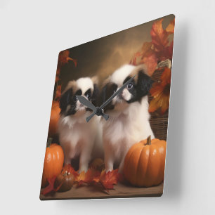 Horloge Carrée Chiots Japanese Chin Délice d'Automne Citrouille 