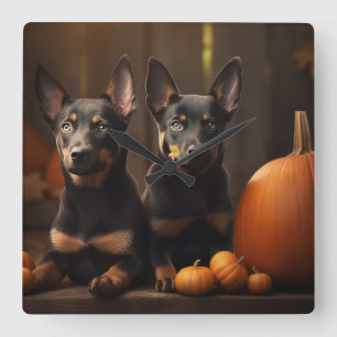 Horloge Carrée Chiots Kelpie Australien Délice d'Automne Citrouil