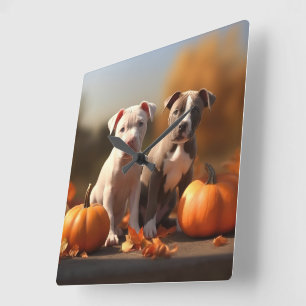 Horloge Carrée Chiots Pitbull Délice d'Automne Citrouille