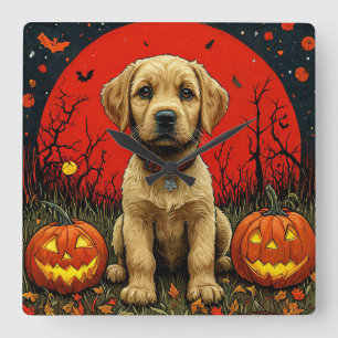 Horloge Carrée Chiots Retriever Doré Avec Des Citrouilles D'Hallo