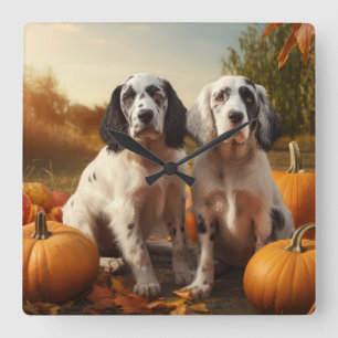 Horloge Carrée Chiots Setter Anglais Automne Délice Citrouille 