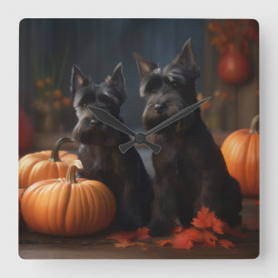 Horloge Carrée Chiots Terrier Ecossais Délice d'Automne Citrouill