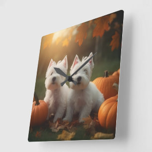 Horloge Carrée Chiots Terrier West Highland White Pumpkin d'Autom
