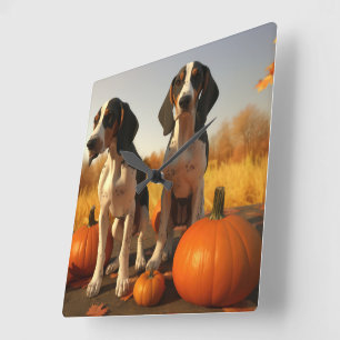 Horloge Carrée Chiots Treeing Walker Coonhound Citrouille d'Autom