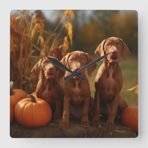 Horloge Carrée Chiots Vizsla Délice d'Automne Citrouille